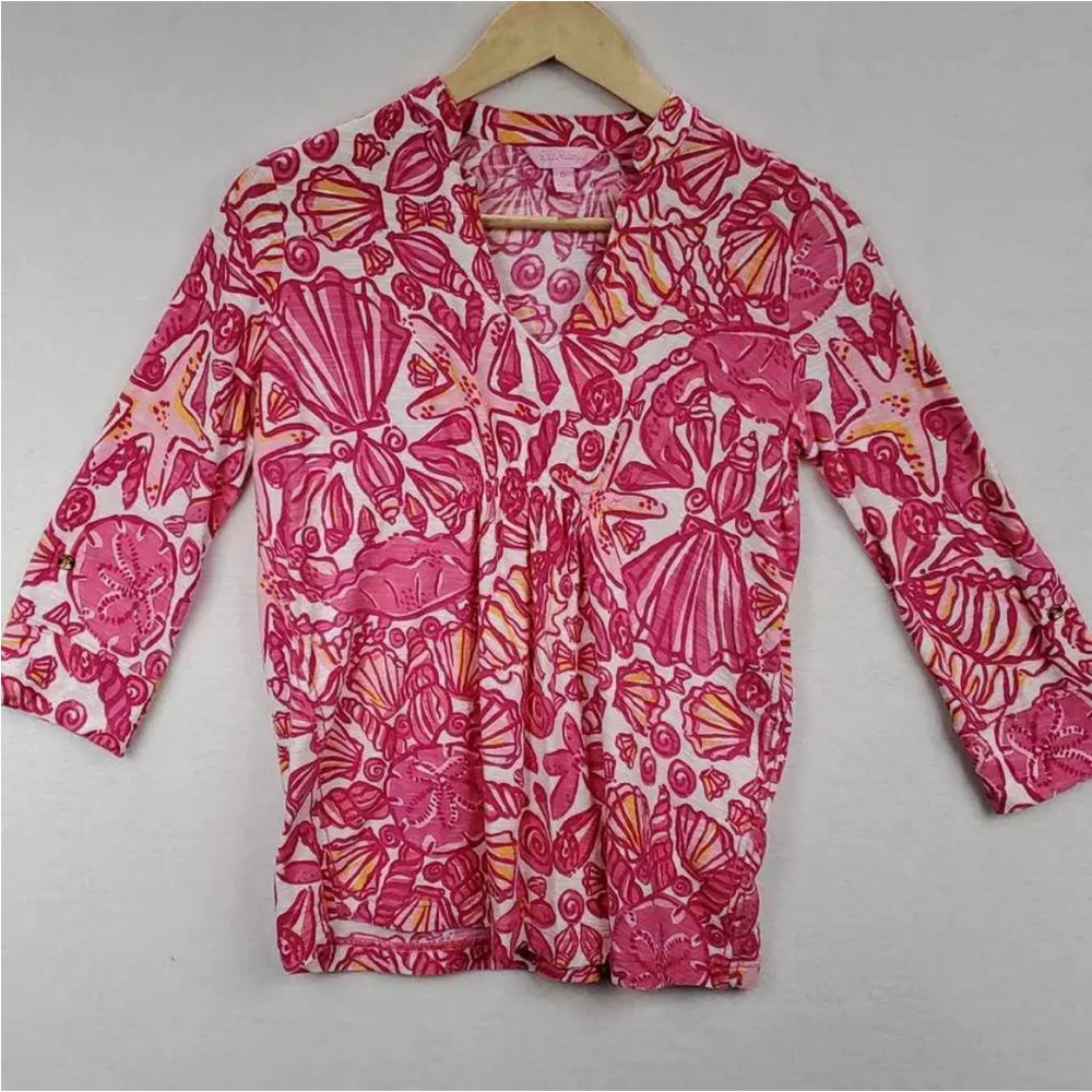 LILLY PULITZER Pink Camie Seashell Top 3/4 Sleeves Cotton - Size XS